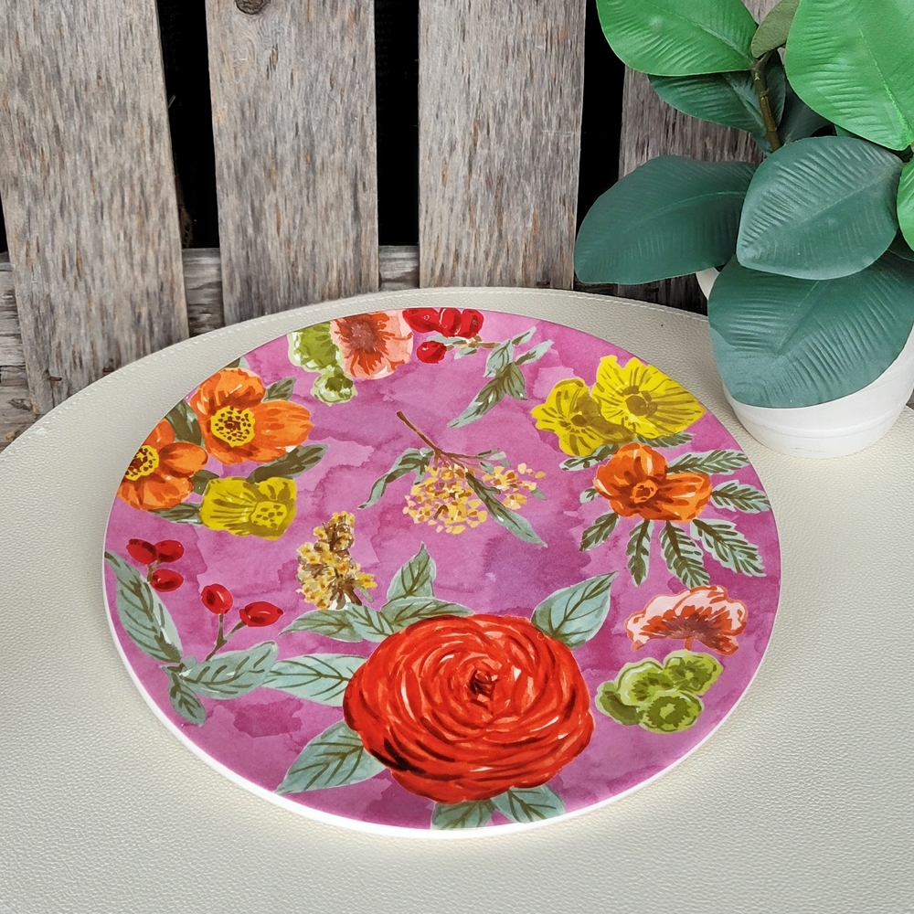 World Market Floral Pink & Orange Ceramic Plate with Vibrant Colors - Picture 2 of 4